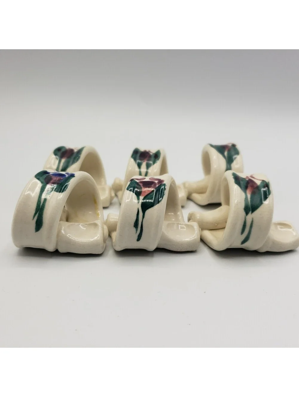 Art Pottery Napkin Rings Set of 6 White Purple Flower Hand Made Artisan